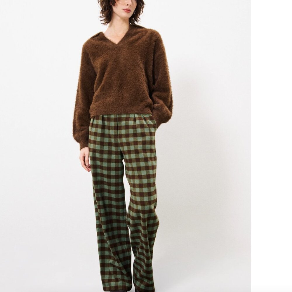 FRNCH Paris High Waisted Wide Leg Plaid Buffalo Check Pleated Trousers Pants L - Picture 2 of 13